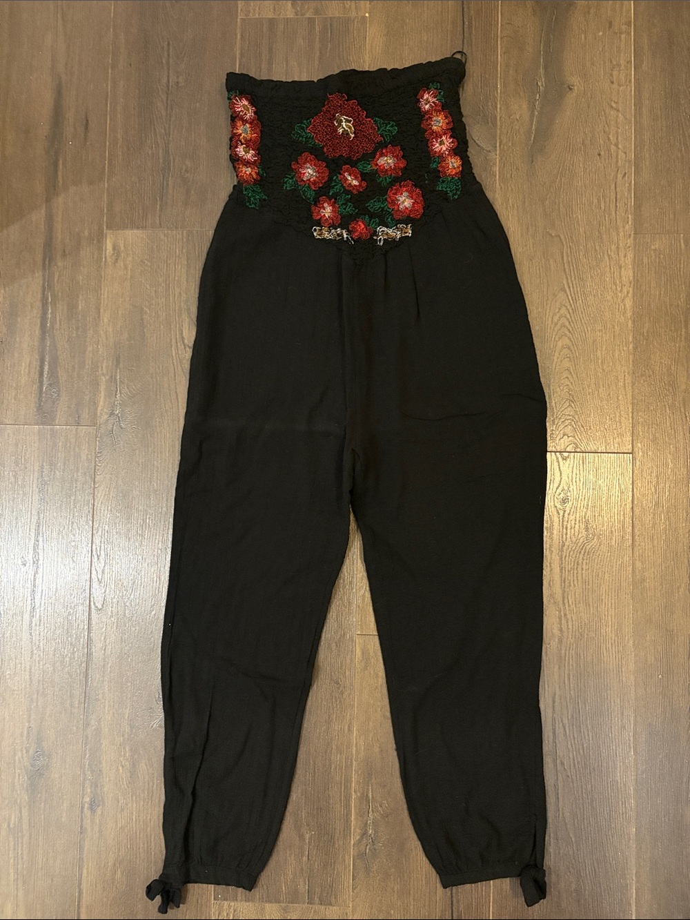 Free People Black Strapless Jumpsuit with Red Floral Embroidery